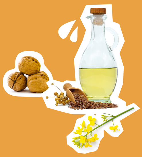 Collage of oil and more Omega-3-sources