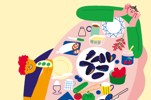 Illustration of a person at a table set with a full spread